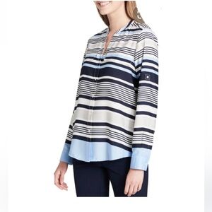 Calvin Klein Woman’s Striped Button Down Shirt, Blue/White Color, Size Large